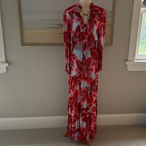 FARM Rio Red and Blue Floral Long Sleeve Dress